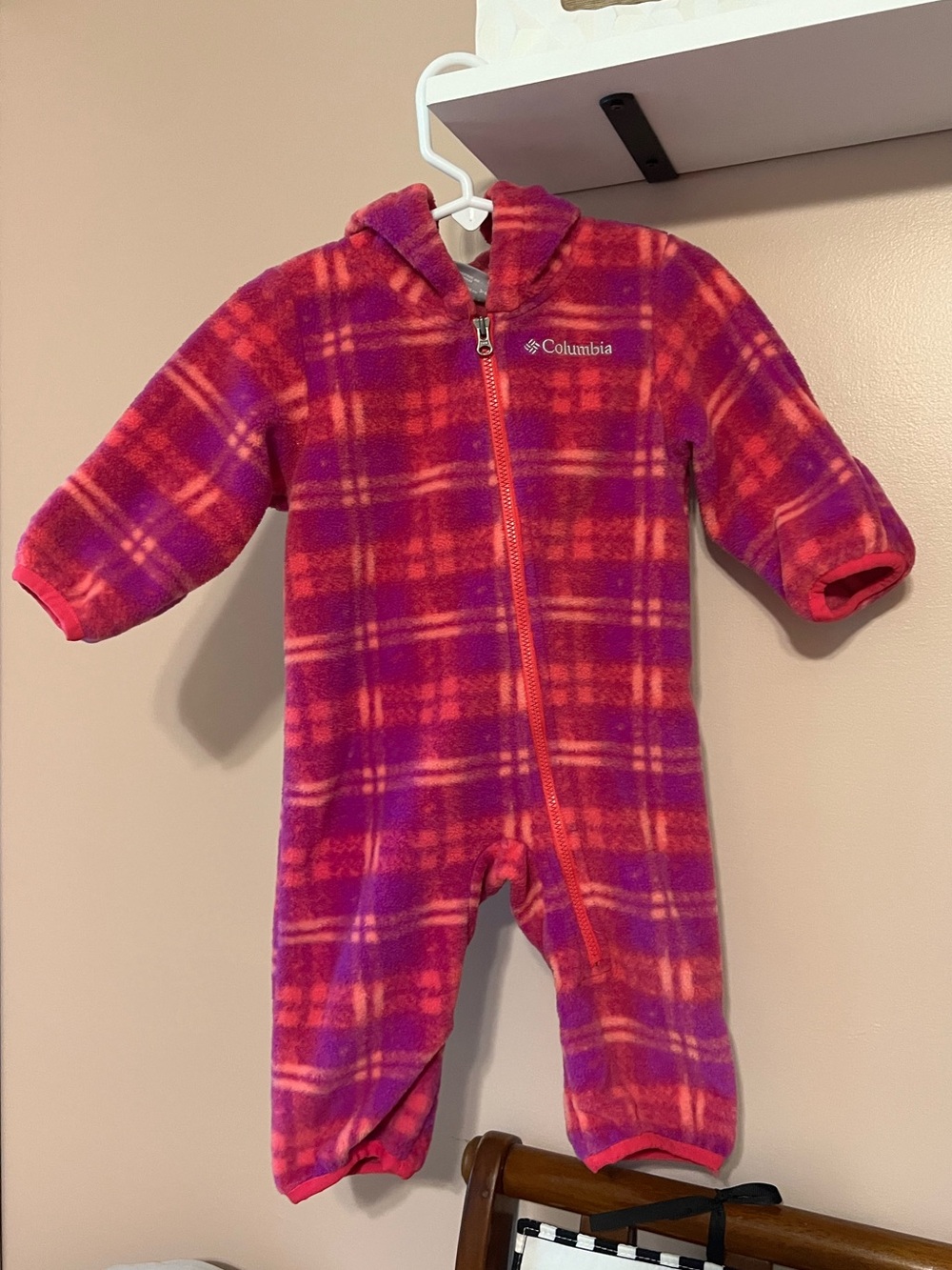 Columbia pink & purple plaid fleece hooded coverall cold weather bunting
